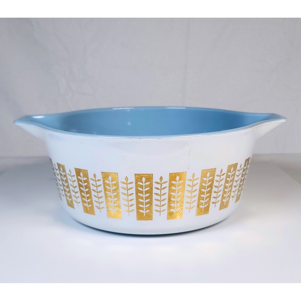 Vintage Pyrex 1961 Delphite Blue Gourmet Gold Leaf Casserole-2 1/2 Promo 475-B